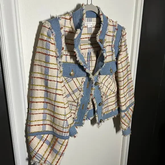 Veronica Beard Women's Nilaja Jacket Multicolor Size 4 Plaid Tweed Denim Trim - Picture 5 of 15